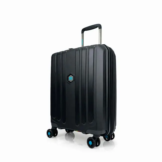 BG Berlin black hardshell carry-on luggage with spinner wheels and retractable handle.  